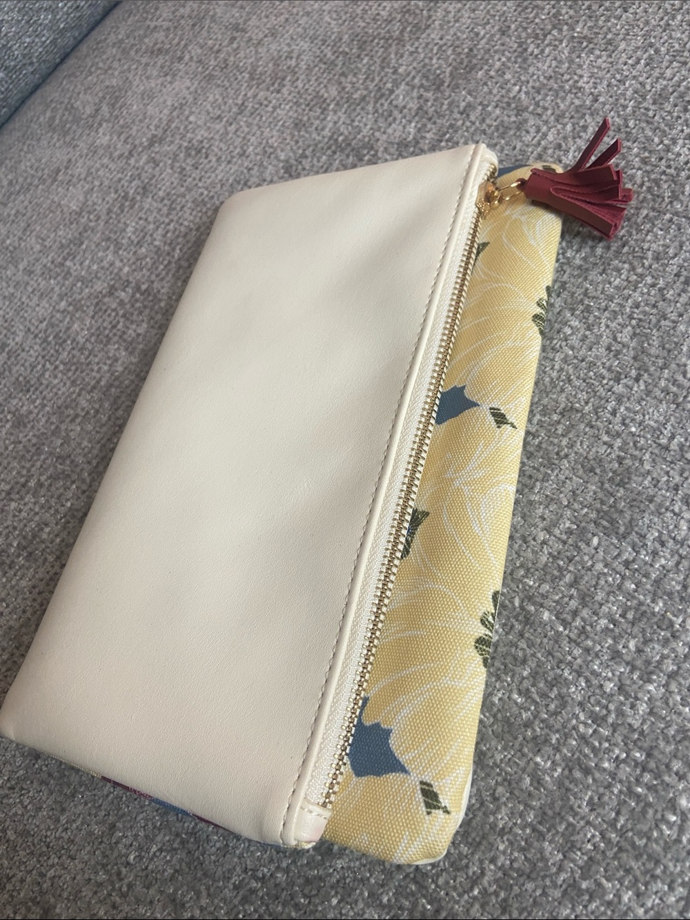 Rachel Pally Cream Clutch with Yellow Floral Panel and Burgundy Tassel